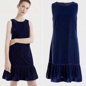 J Crew Blue Velvet Sleeveless Ruffle Hem Dress